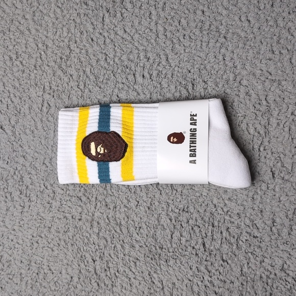 Bape Crew Socks Embroidered Ape Head Striped Mens Womens Unisex Size 9-11 White - Picture 1 of 1